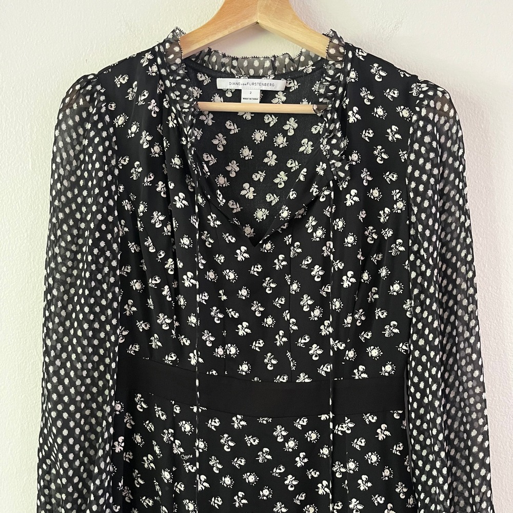Diane von Furstenberg Fionna Dress Silk Floral Ruffle Tiered Long Sleeve size 2 - Picture 3 of 16